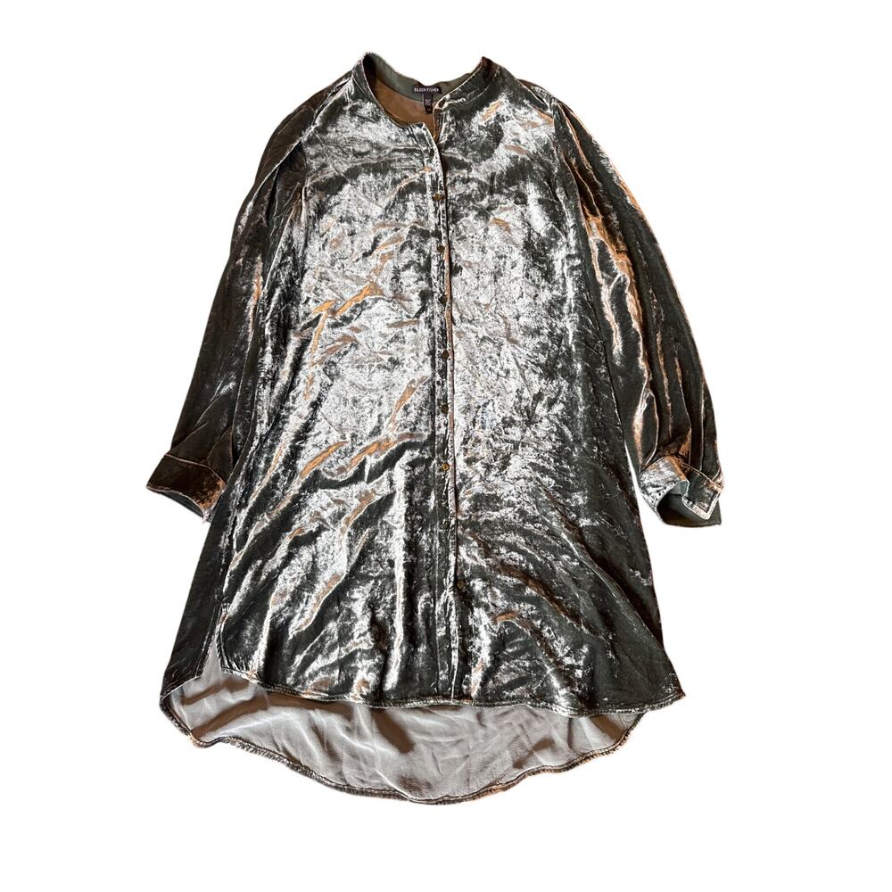 Eileen Fisher mandarin collar velvet Tunic shirt dress Green women’s